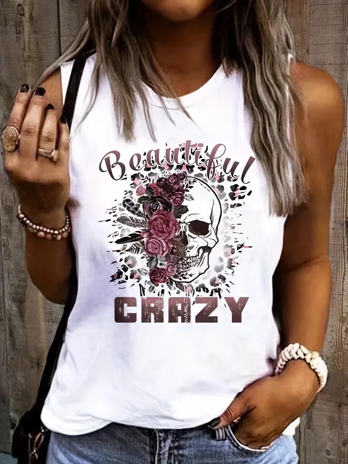 T-shirt canotta allentata senza maniche casual grande con stampa floreale scheletro estiva da donna T-shirt streetwear oversize con scollo a O Off Should