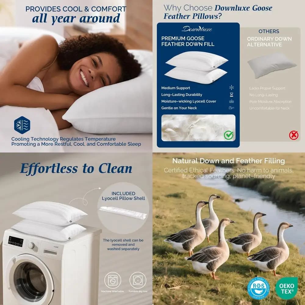 King Size pillows in goose down for a comfortable sleep, set of 2, ideal for back, stomach and closes