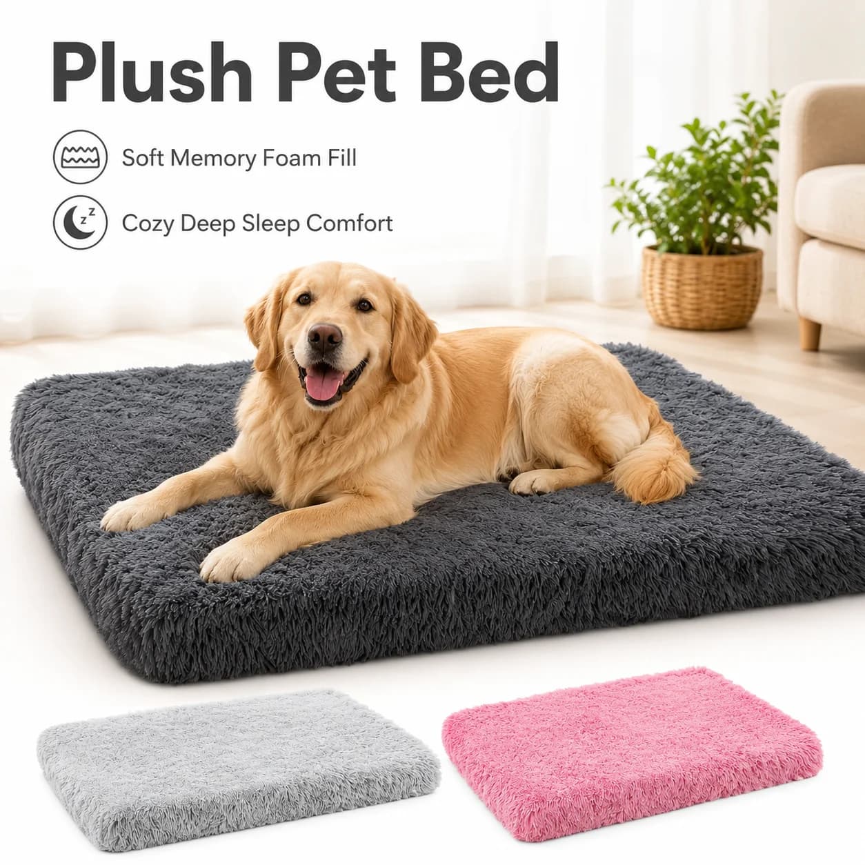 Plush Memory Foam Dog Bed Washable Removable Cover Anti Slip Pet Mat Square Sleeping Sofa Cushion for Small Medium Large Dogs
