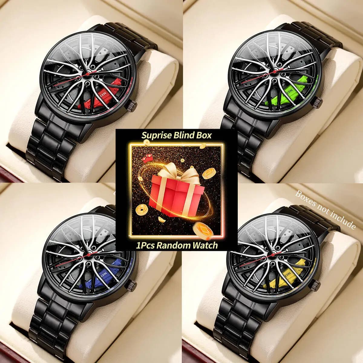 1PC Watch Mystery Surprise Cieco Box-Moda Men's Sports Watches Wrist Watch with Stainless Steel Strap with 3D Car Wheel (Without Box)