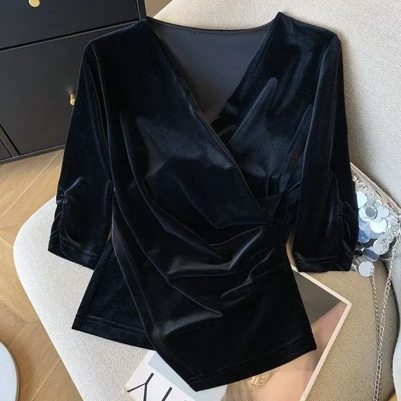 Camicia con scollo a V semplice francese nera casual da donna a maniche lunghe in tinta unita
