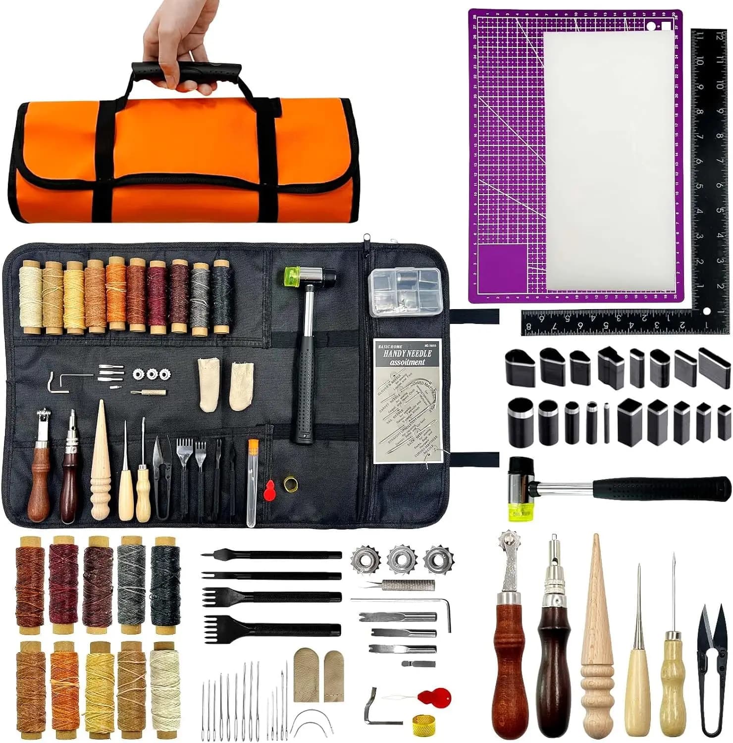 Kit artigianale in pelle da 73 pezzi con borsa, strumenti per punzonatura, filo cerato e accessori fai da te per cucire e lucidare