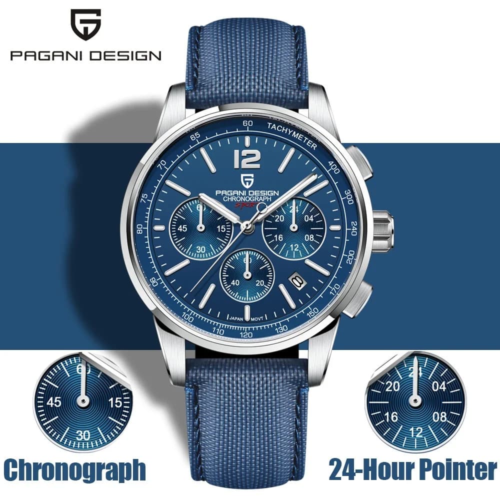 Men's watch PAGANI DESIGN quartz, sportsman, with automatic date, chronograph, sapphire crystal, Japanese movement, bright, leather strap, waterproof.
