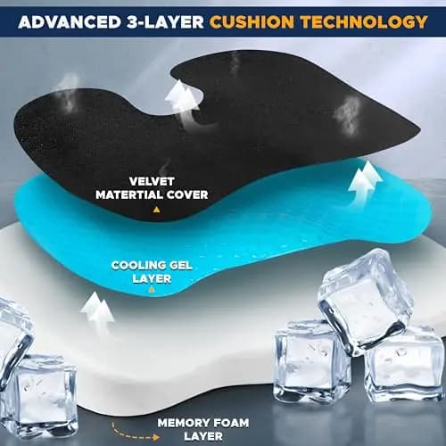 2-Pack Advanced 3-Layer Gel Memory Foam Seat Cushion With Velvet Cover For Coccyx Comfort – Office, Gaming, Car Use