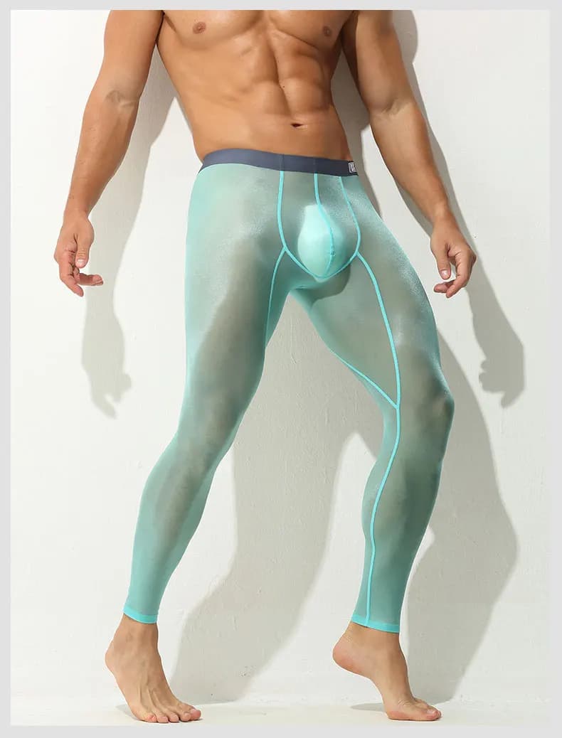 Blue leggings men's trousers ultra-thin tight monopezzo stretch silk ice cream pants transparent sexy fully transparent