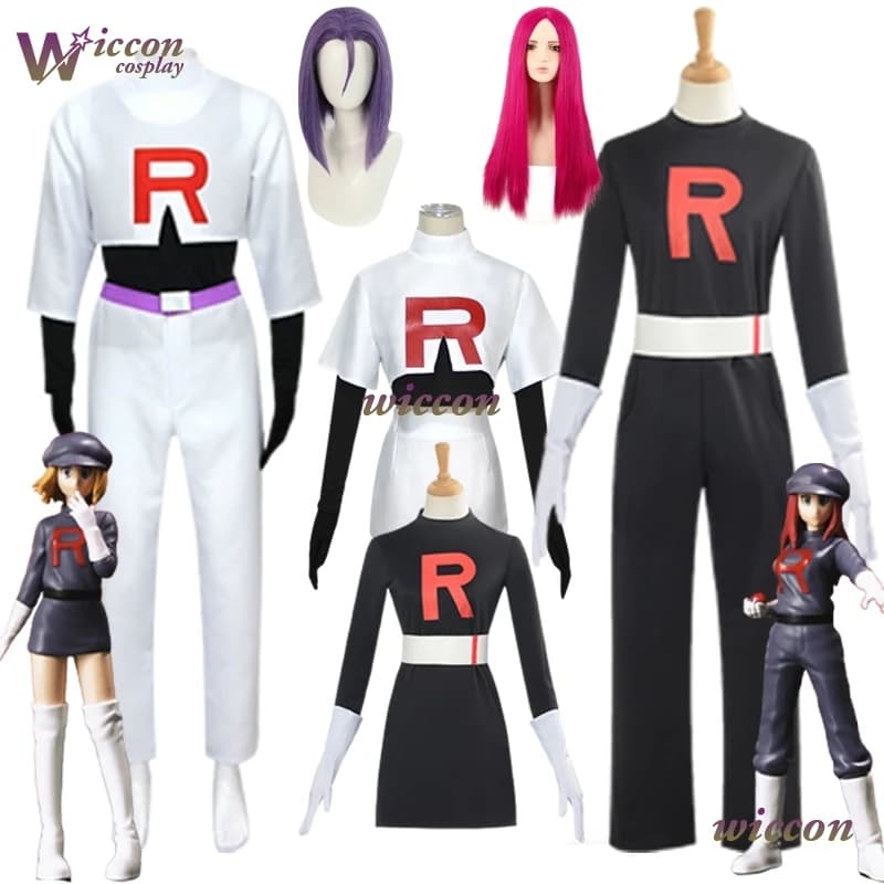 Team@Rocket Black/Withe Uniform 2025 Jessie Musashi James Kojirou Costume Cosplay Halloween Role Game for Party