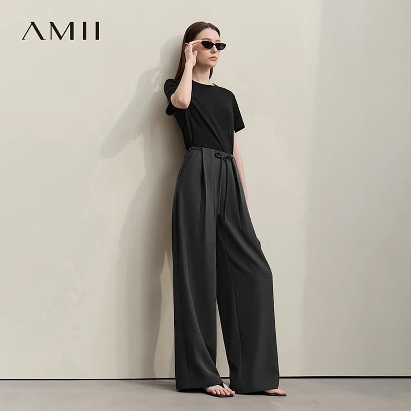 Amii Women Pants 2026 Summer New Tie Waist Loose Belted Wide Leg Trousers Solid Color Versatile Casual Pants for Women 12642029