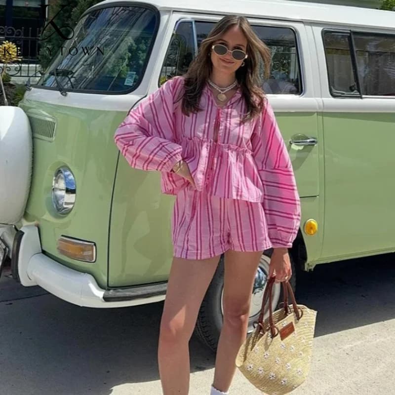 2026 Autumn Striped Women 2 Piece Set Tie Front Long Sleeve Blouse High Waist Shorts Set Vocation Casual Chic Lady Matching Set