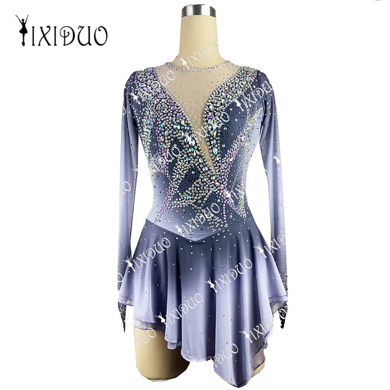 Bambini adulti pattinaggio artistico su ghiaccio vestito strass cristallo manica lunga prestazioni indossare ragazze concorrenza pratica pattinaggio vestiti