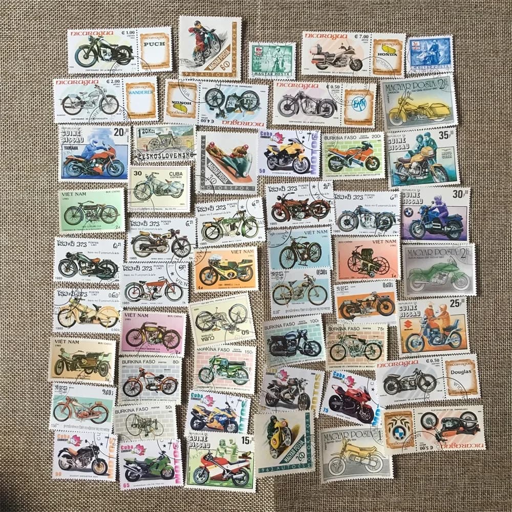 50Pcs/Set Motorcycle All Different From Many Countries NO Repeat with Postmark Postage Stamps for Collecting
