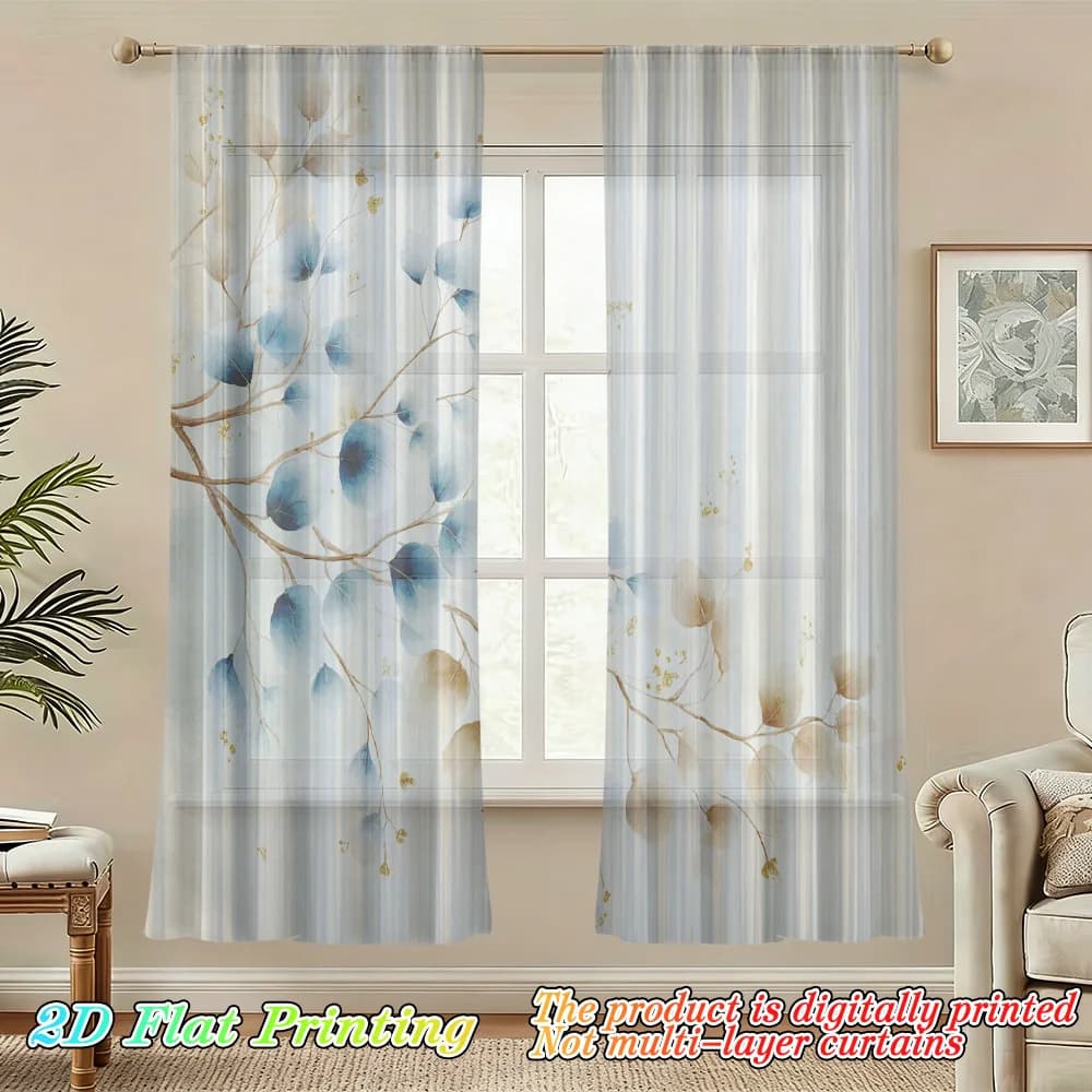 2pcs Sheer Curtains Blue Leaves And Branches Pattern Rod Pocket Window Drapes, Filtering Panels for Bedroom Living Room