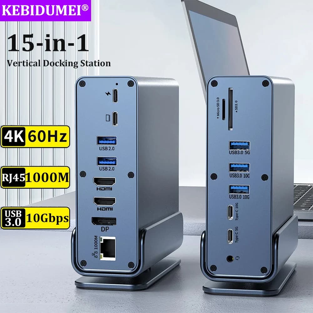 Docking Station USB C 15 in 1 HUB USB C Vertical HDMI DP 4K HD with triple Monitor,RJ45 1000M,USB 3.0/2.0,PD 3.0,SD/TF,Audio 3.5