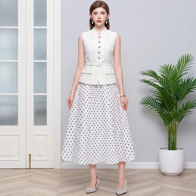 Abito Lungo Estivo Elegante e Chic Senza Maniche con Colletto Rialzato a Pois, Stile Delicato da Donna, Taglie Forti Premium