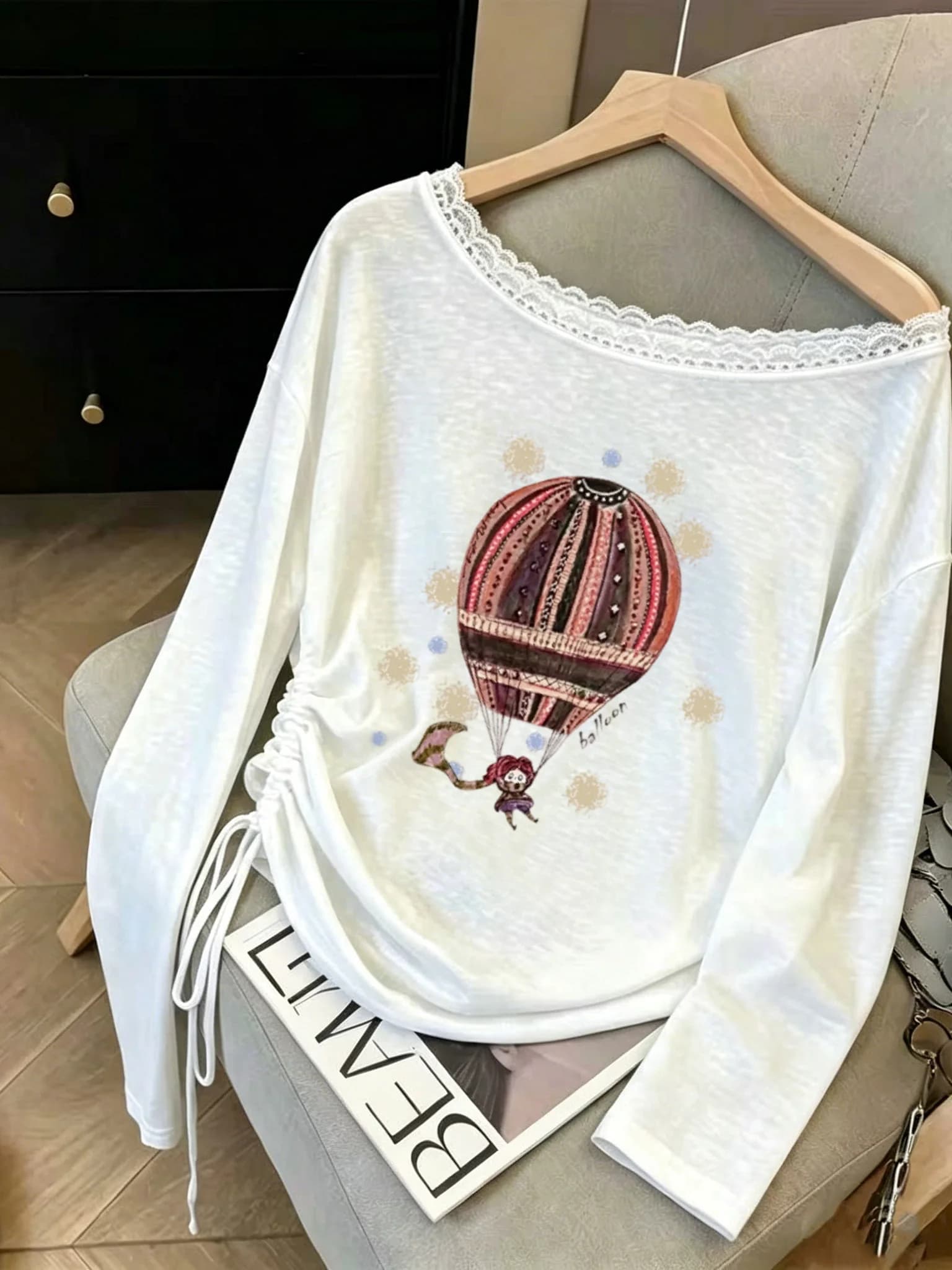 T-shirt da donna con design a pizzo e spalle scoperte, estiva, sottile, fresca, stampata, protezione solare, manica lunga, cotone e lyocell