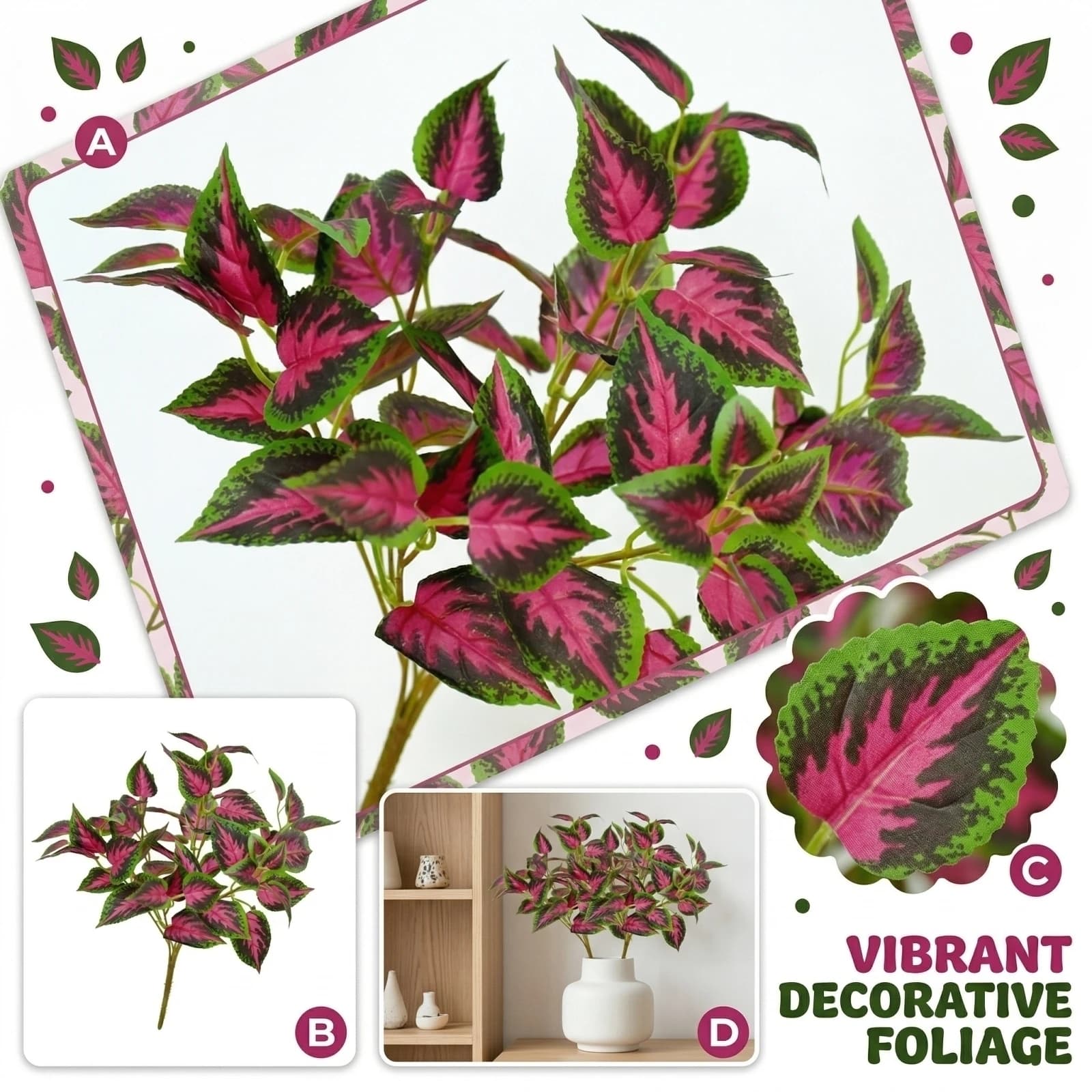 Home Decor, 5 Artificial Foliage Plants With Stems, For Outdoor Gardens, Patios, Hanging Planters, Paths, Decor.