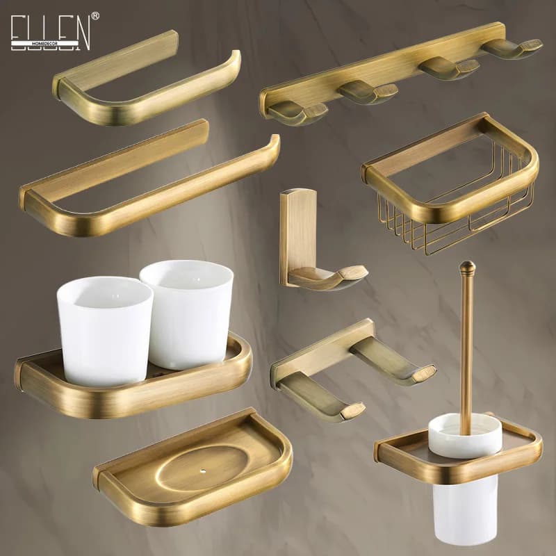 Portasciugamani da parete in ottone placcato antico, set di accessori per il bagno, porta fazzoletti, appendiabiti, tazza per collutorio ELA85A