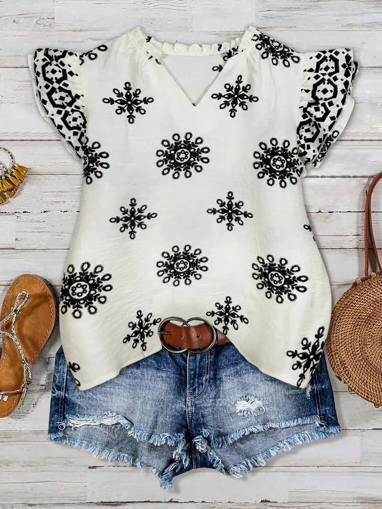 Women's V-Neck Embroidered Floral Blouse with Ruffle Sleeves, Casual Summer Top