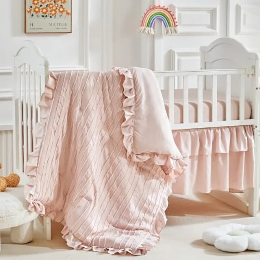 3 Pieces Tufted Stripes Crib Bedding Set with Ruffle Fringe, Ruffled Comforter with Fitted Sheet and Bed Skirt, Soft and Embroi