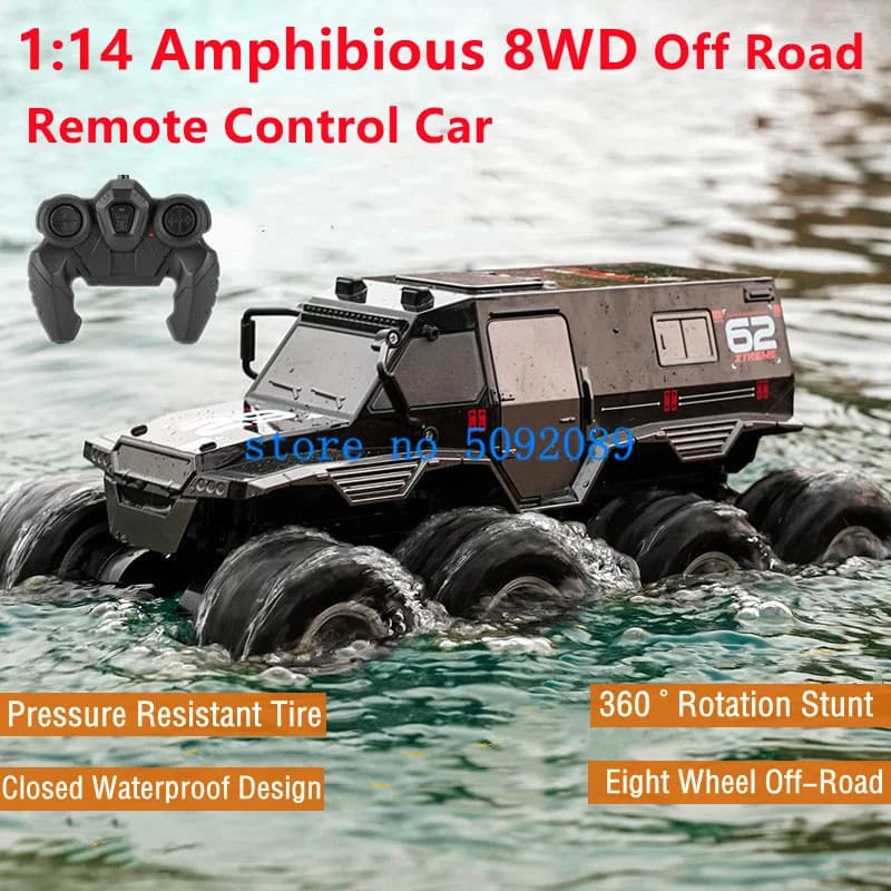 Auto Telecomandata Anfibia Fuoristrada 1:14 con Rotazione 3D, Impermeabile, 8WD, Potente Modello RC di Auto Blindata