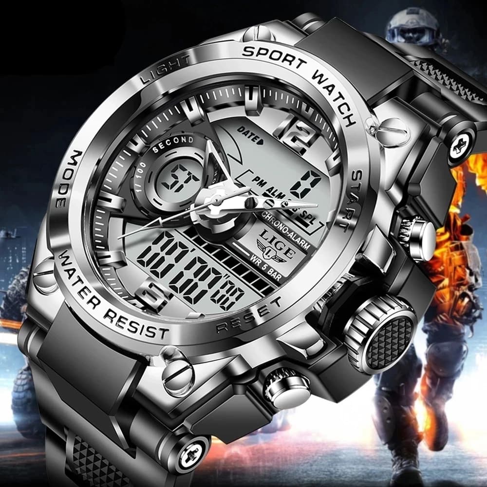 LIGE Digital Military Watch, Waterproof 50m, LED Wrist Watch, Sport Watch, Men's Big Watches, Relogios Masculino