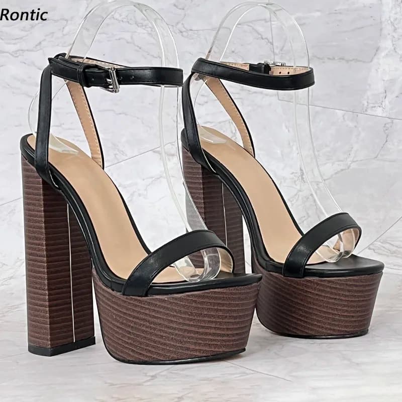 Rontic Handmade Women Platform Sandals Ankle Strap Chunky High Heels Open Toe Pretty Black Party Shoes Ladies US Plus Size 5-20