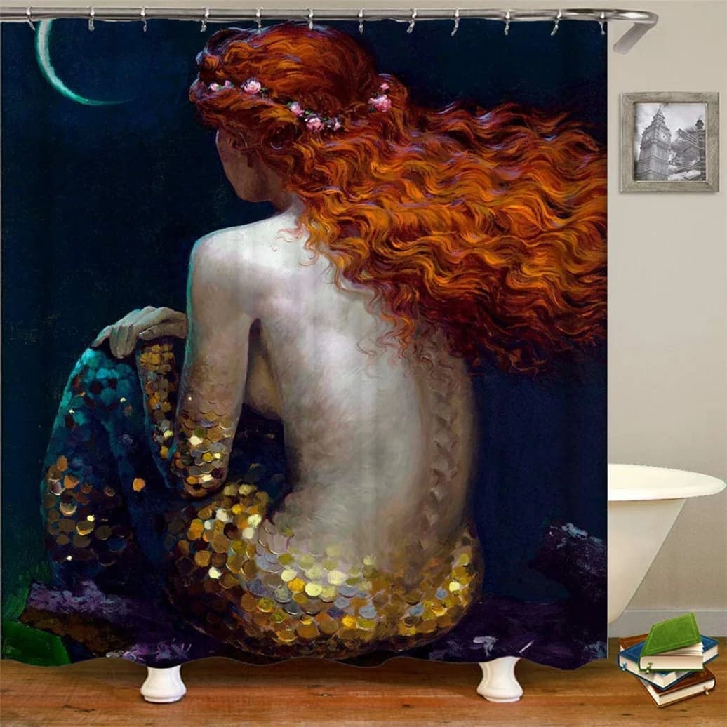 Tenda da doccia a sirena nautica Oceano Donne sexy Fantasia Mare Misterioso Paesaggio marino Tenda da bagno Tessuto in poliestere con ganci