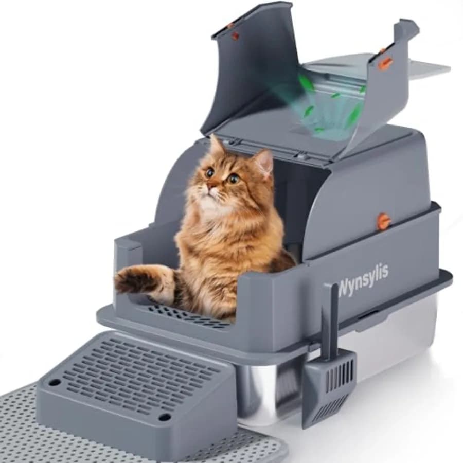 Lettiera per Gatti XL in Acciaio Inossidabile con Coperchio, Lettiera Chiusa con Bordi Alti, Antiscivolo, con Coperchio Ribaltabile in Metallo per