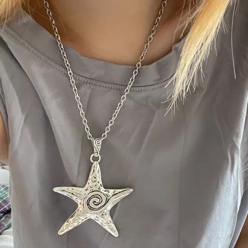 Exaggerated Metal Big Starfish Pendant Necklace for Women Silver Color Punk Gothic Star Chain Choker Party Y2K Jewelry