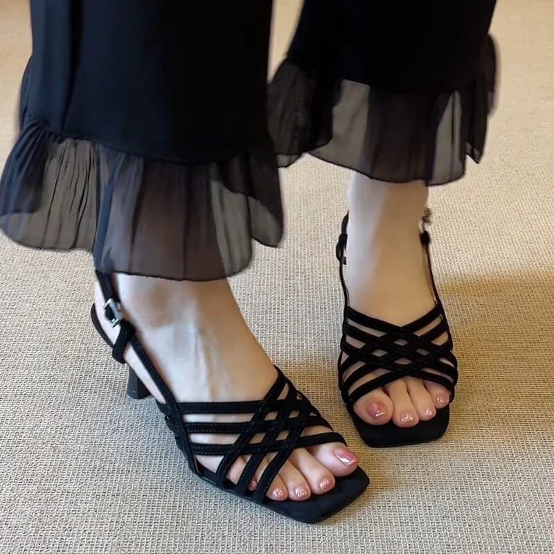 Summer High Heels Women pumps Sandals Genuine Leather for Women Open Toe Ankle Square Thin Heeled Sandals