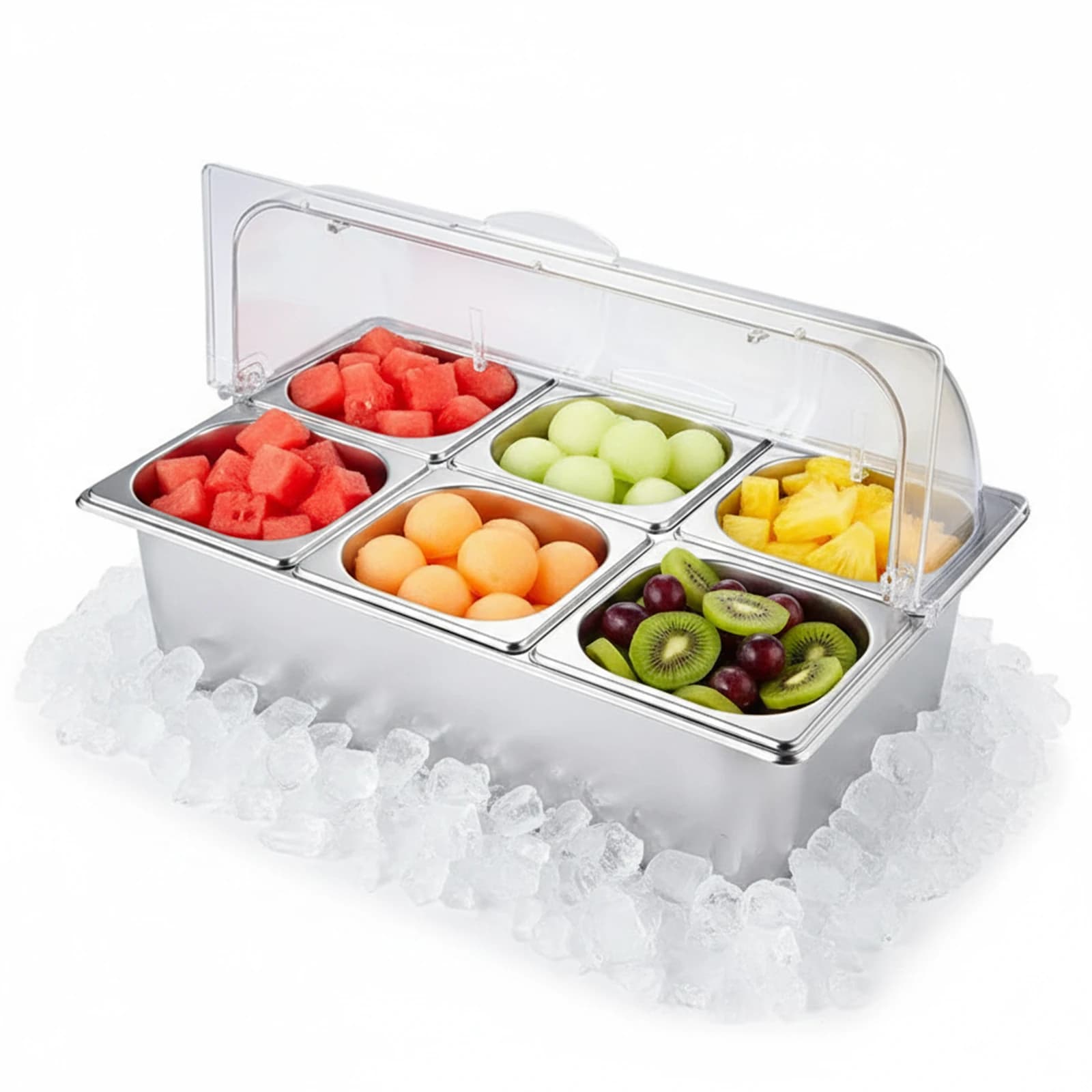 Contenitore da banco per alimenti a 6 scomparti in acciaio inossidabile con coperchio trasparente a rotazione per cucina