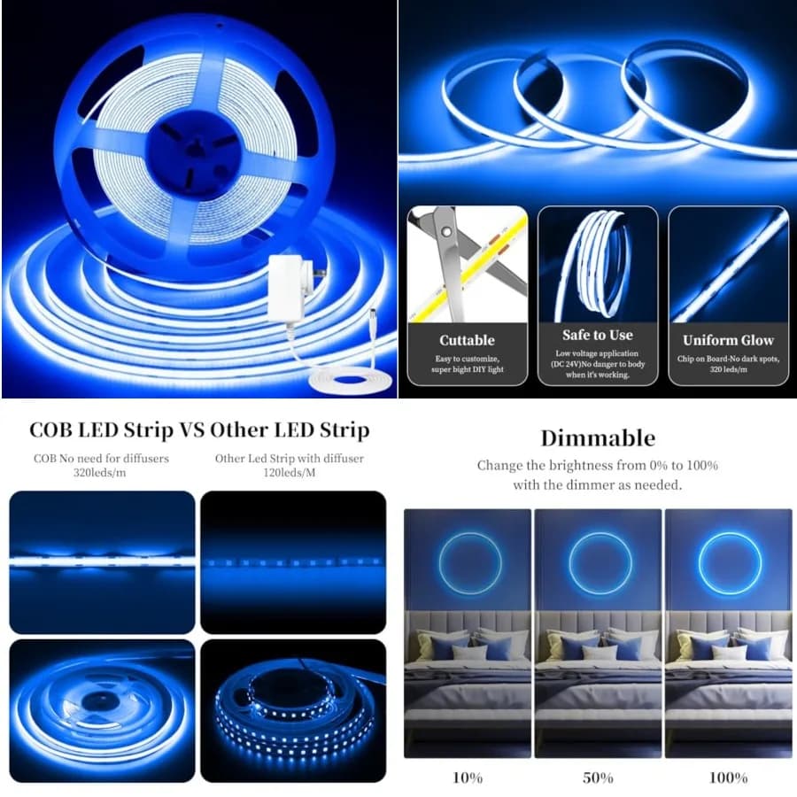 Striscia LED COB da 32,8ft/10M, Striscia Luminosa DC24V CRI 93+, Luci a Nastro LED Larghe 8mm, Luci LED COB Flessibili per Camera da Letto, TV B