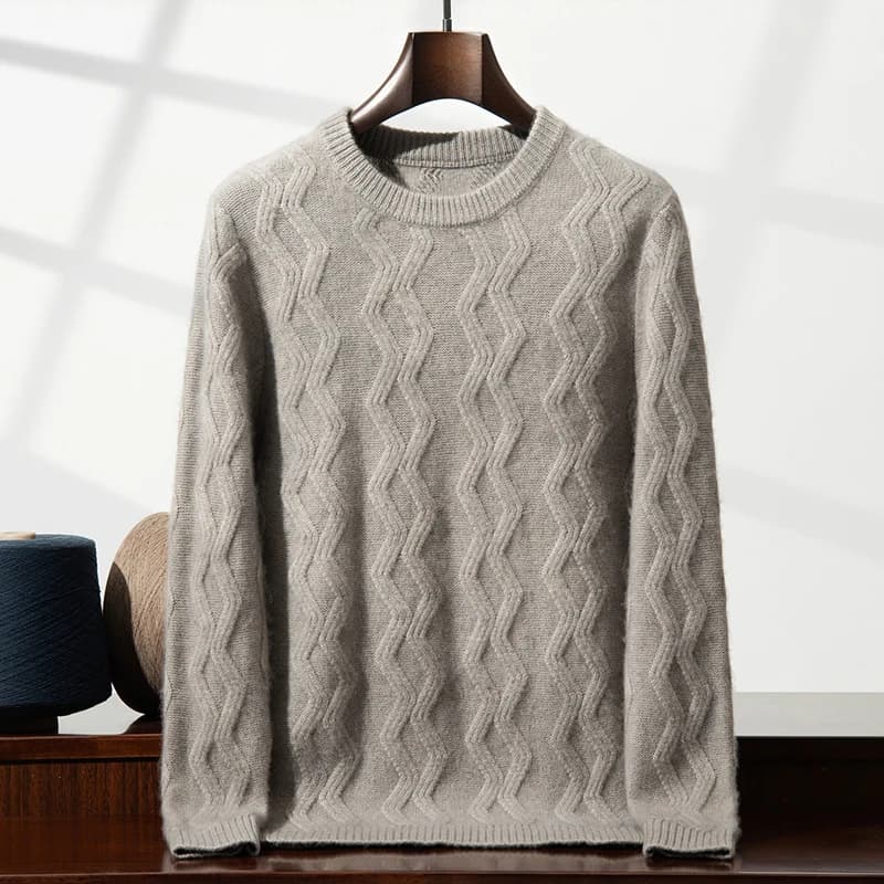 Maglione da uomo in cashmere 100% ispessito pesante a tre strati con cinque aghi, girocollo, maglione casual da lavoro con torsione ondulata