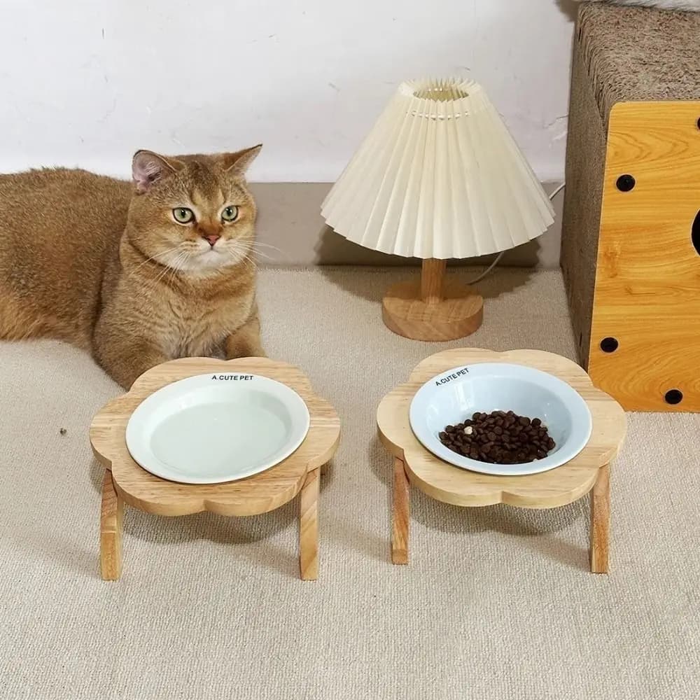 Ceramic Flower Shaped Pet Bowl Anti-Spill Non-Slip Raised Cat Food Bowl Detachable with Wooden Stand Elevated Cat Bowl