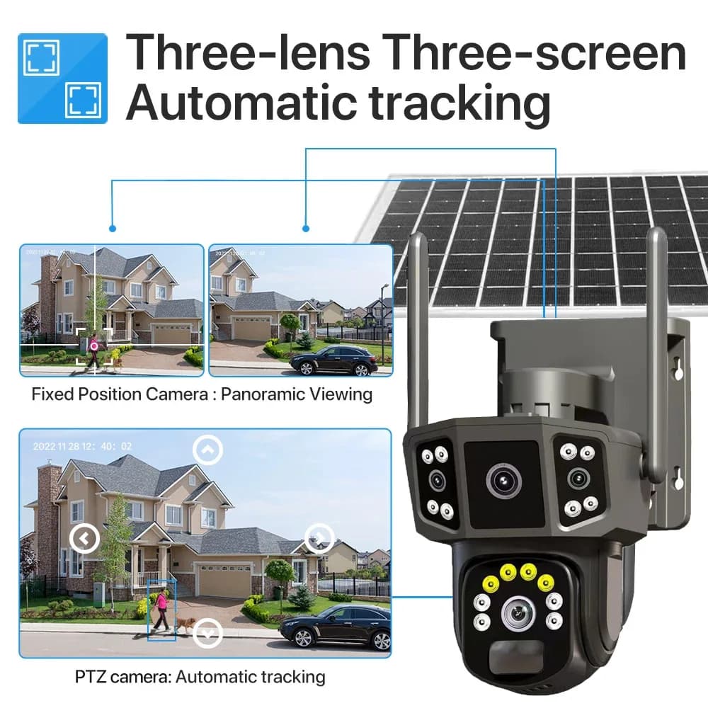 Telecamera IP Dome 4MP V380Pro a Tripla Lente con Alimentazione Solare WIFI / 4G, Visione Notturna a Colori, Rilevamento Umanoide AI, Sicurezza Domestica, Monitoraggio Bambini