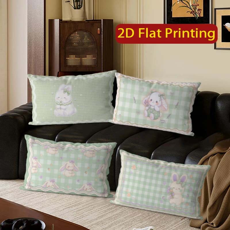 Fodere per cuscini a quadri verdi con coniglietto Kawaii, adatte per divano, camera da letto, auto, cuscino rettangolare per schienale