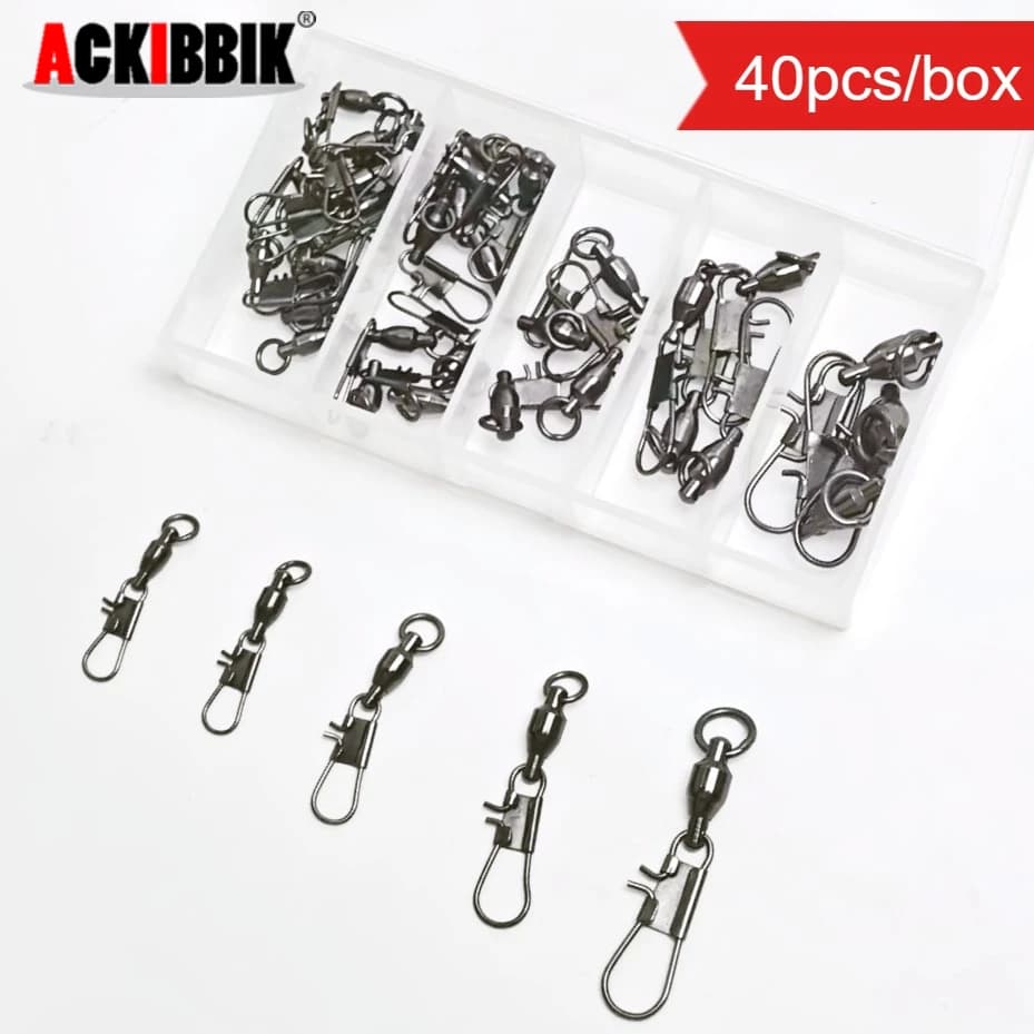 Kit di 40 Girelle e Moschettoni da Pesca Assortiti con Scatola Portaoggetti, Alta Resistenza, Antiruggine, per Acqua Dolce e Salata