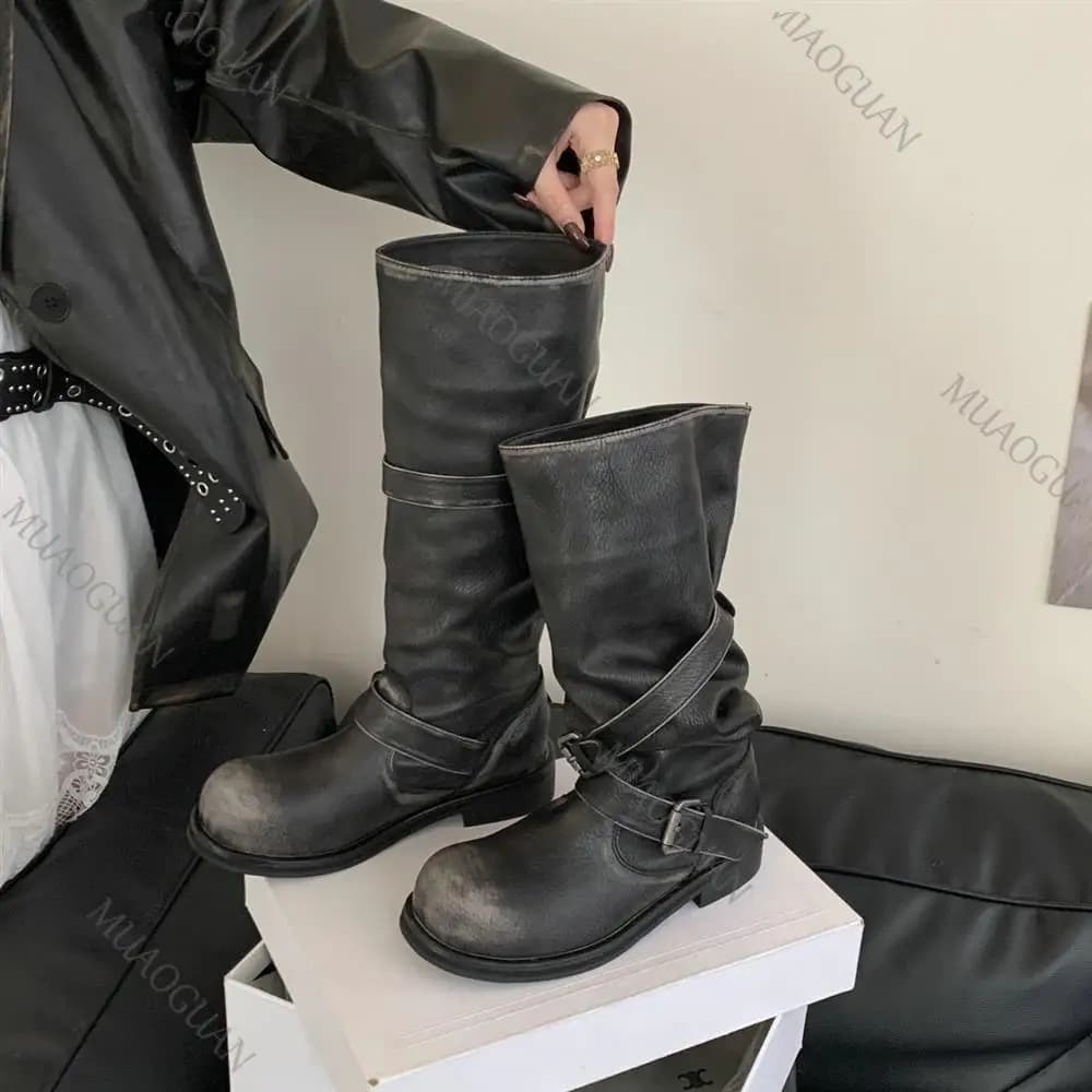 Spring Autumn Chunky Heel Thigh High Knight Boots Belt Buckle Western Shoes for Women Leather Slip on Round Toe Stacked Botas