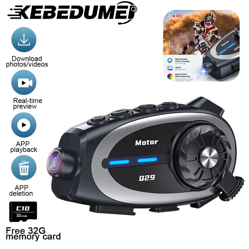 Q29 Casco moto Interfono Auricolari Bluetooth Comunicatore vivavoce Dash Cam Registrazione video Interfono 1080P 2 ciclisti 500M