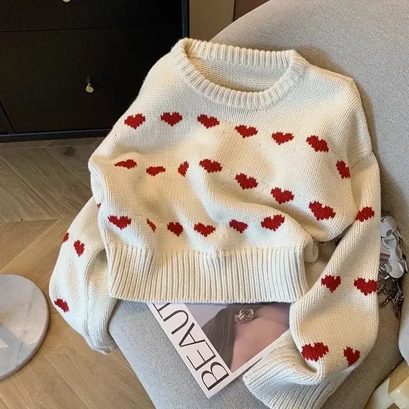 Maglione da donna bianco Kawaii Harajuku cuore moda coreana pullover lavorato a maglia a maniche lunghe sciolto autunno inverno dolce casual