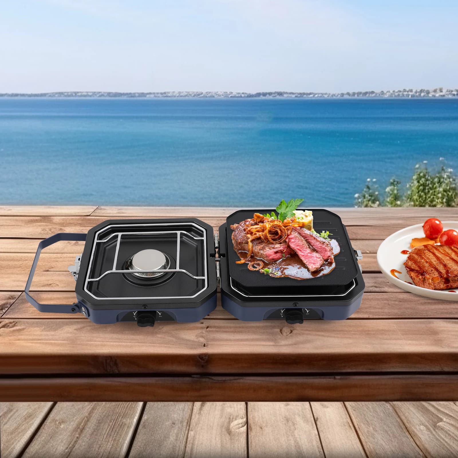 Fornello da campeggio con padella per griglia, fornello da campeggio pieghevole antiaderente blu scuro, fornello portatile a 2 caminetti 2,3+2,3KW per campeggio, barbecue