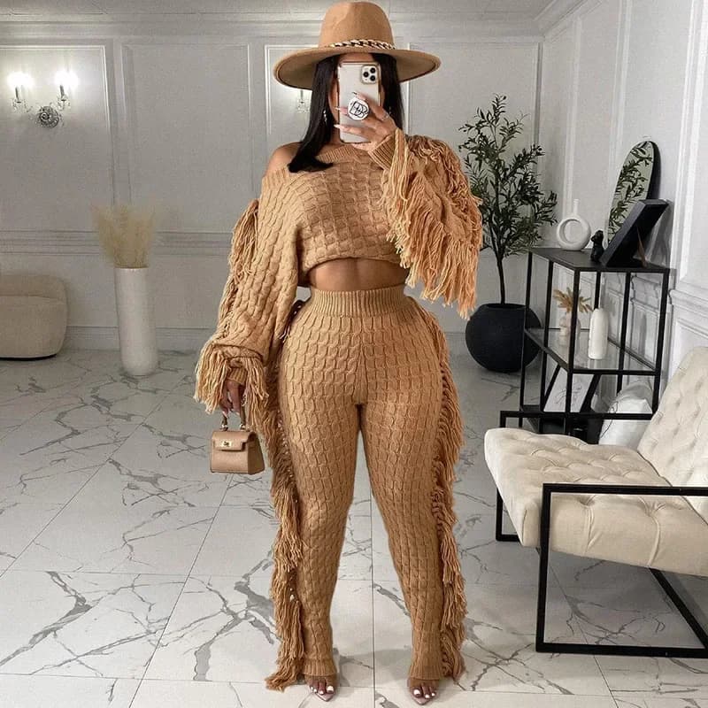 Tassel Knitted Ribbed Two Piece Set Women Winter Clothes Warm Long Sleeve Crop Top Pencil Pants Matching Sets Party Club Outfits