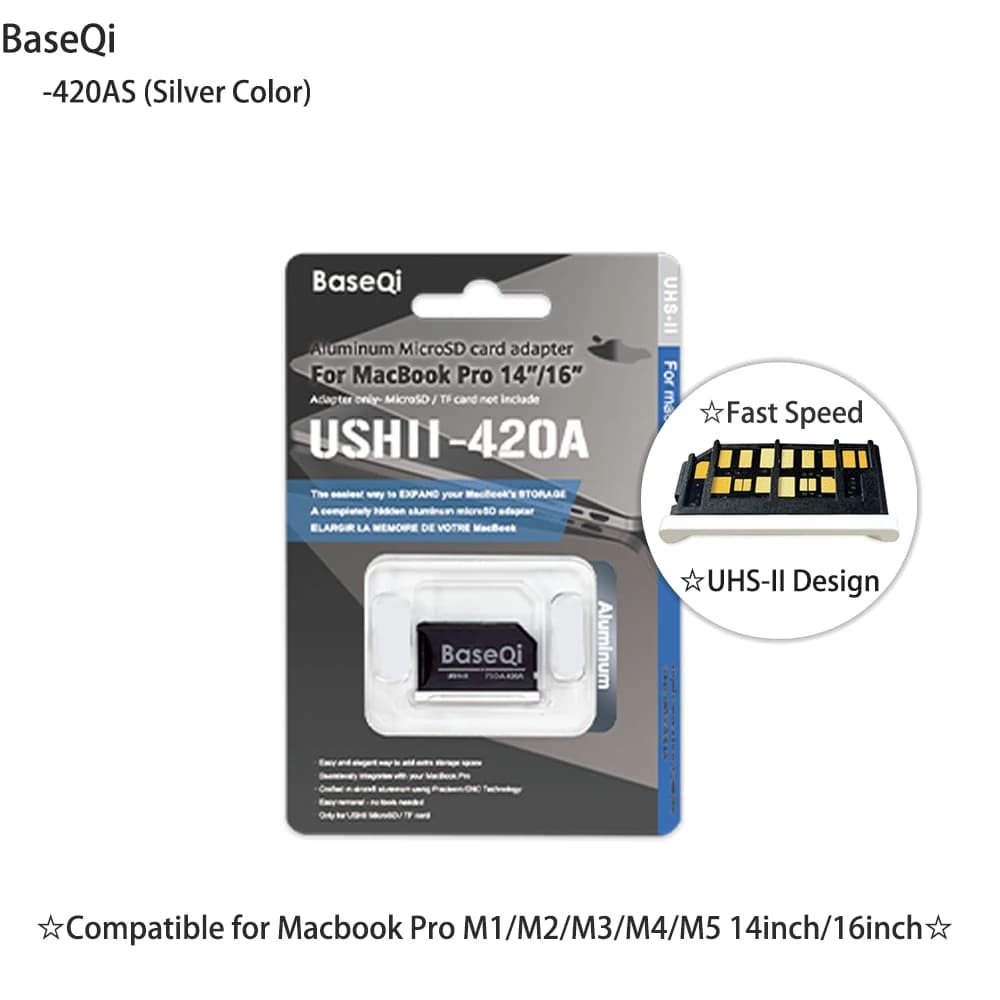 BaseQi For MacBook Pro 14inch 16inch M1/M2/M3/M4/M5 Microsd Card Adapter 420AS Aluminum Mini Drive Card Reader Year2021-2026