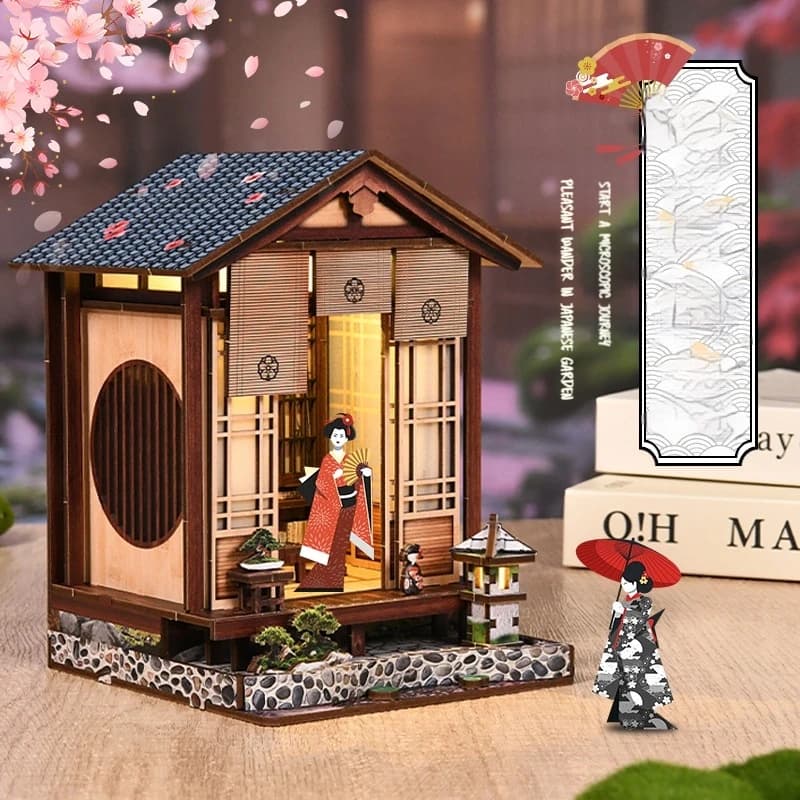 Fermalibri 3D Fai-da-Te, Puzzle in Legno, Diorama di Cortile Giapponese, Modello Creativo da Assemblare, Decorazione per la Casa per Adulti