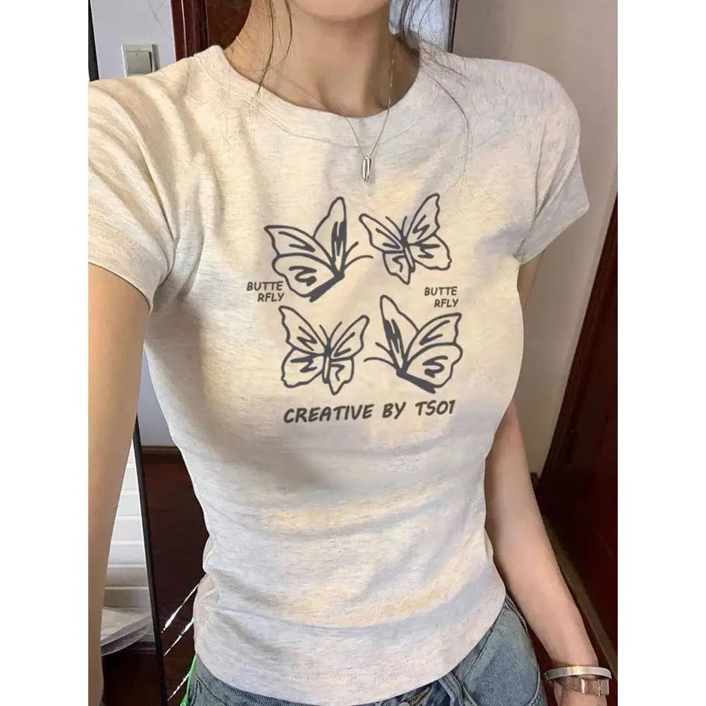 Style American Hot Girl Cotton T-Shirt Short Sleeve Women's Proper Shoulder Slim Fit Summer New Style Top Print Design