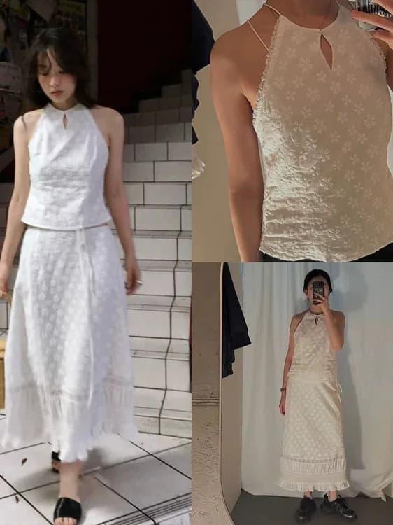 Embroidered Neck Hanging Vest High Waist Women's Fashion Set with Half Skirt with Flower Pattern Cotton Summer Outfit