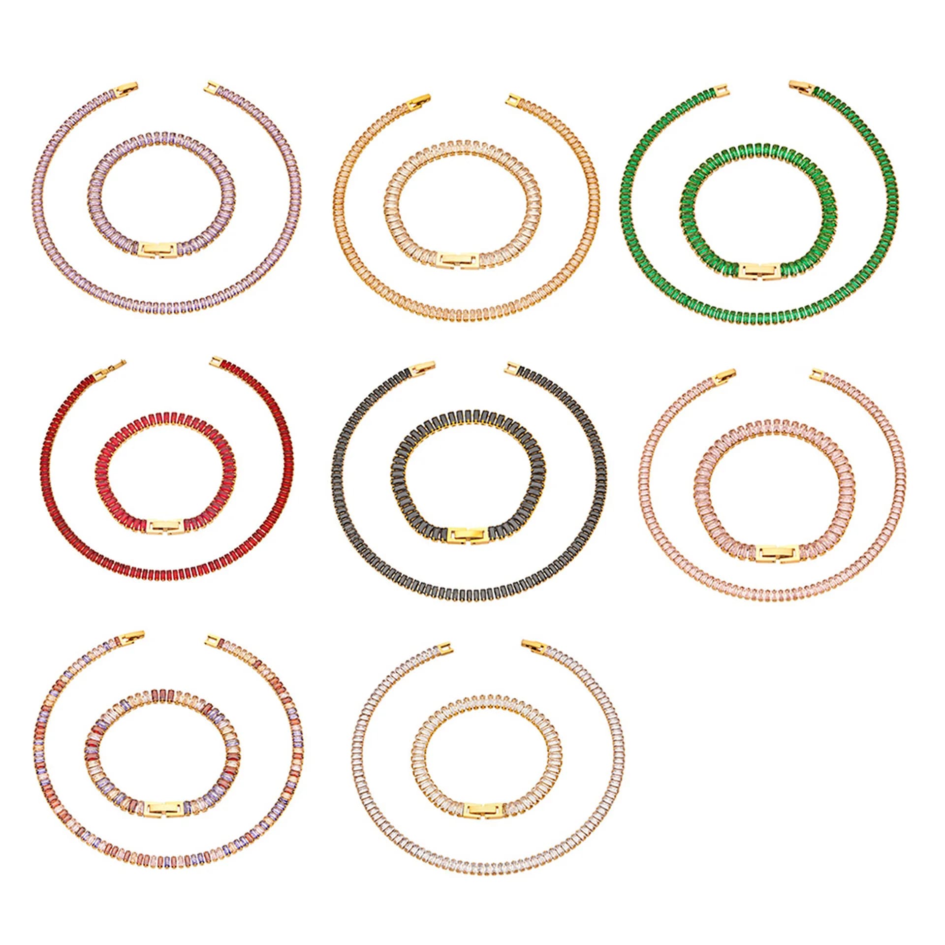 316L Stainless Steel 18K Gold Plated Baguette Cut Colorful Zircon Tennis Chain Necklace Set Luxury Sparkling For Women Jewelry