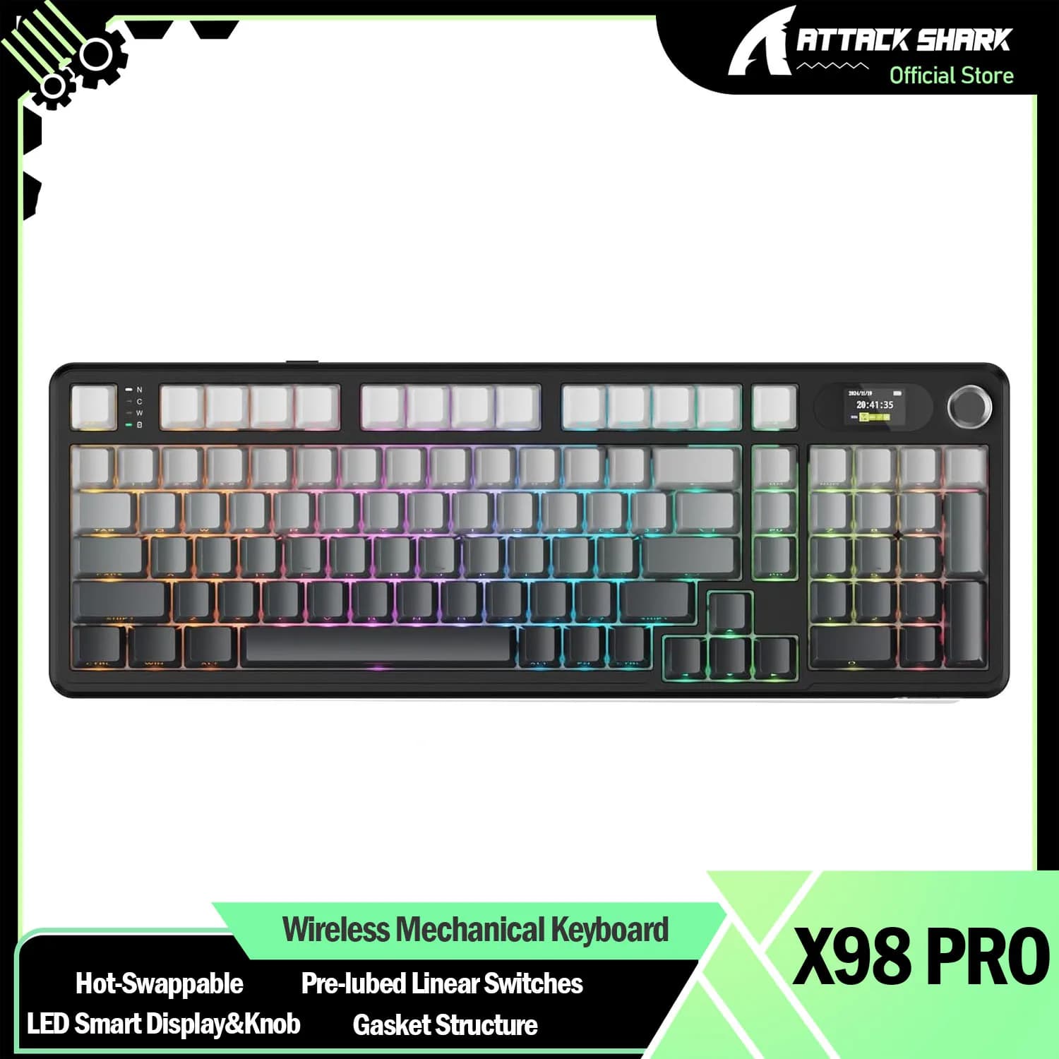 ATTACK SHARK X98 RGB Tastiera meccanica wireless, display e manopola intelligenti a LED, interruttori lineari pre-lubrificati sostituibili a caldo