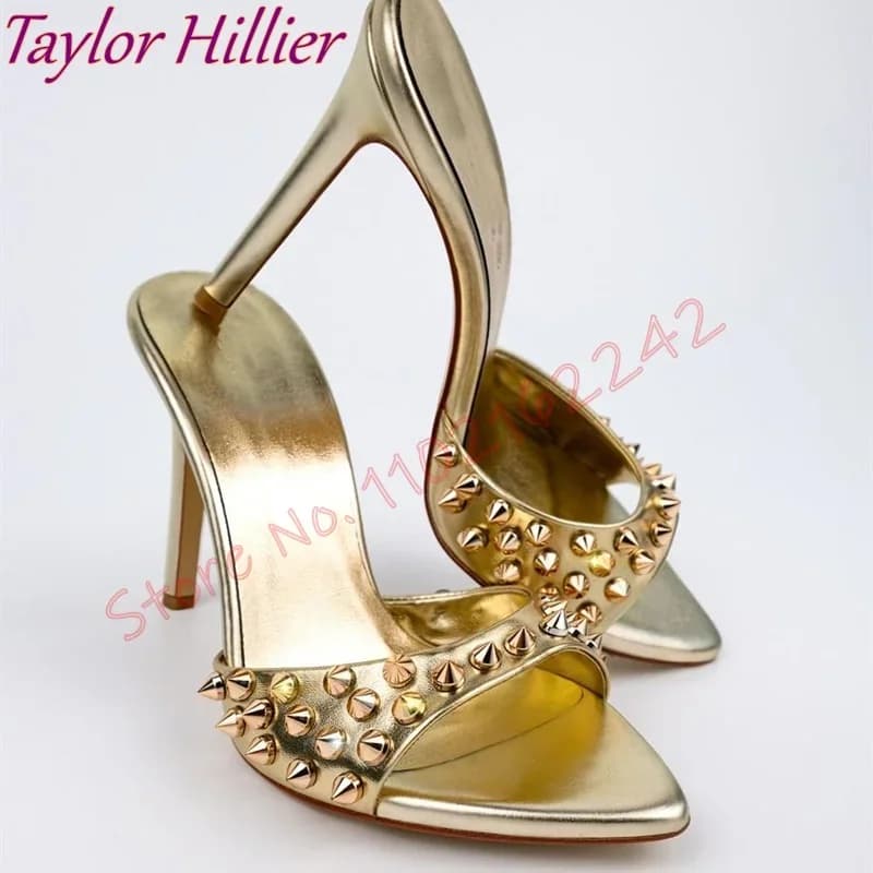 Pantofole sexy con rivetti dorati Punta tonda Stiletto Bocca bassa Tacchi alti Sandali da festa alla moda Pantofole eleganti da indossare all'aperto