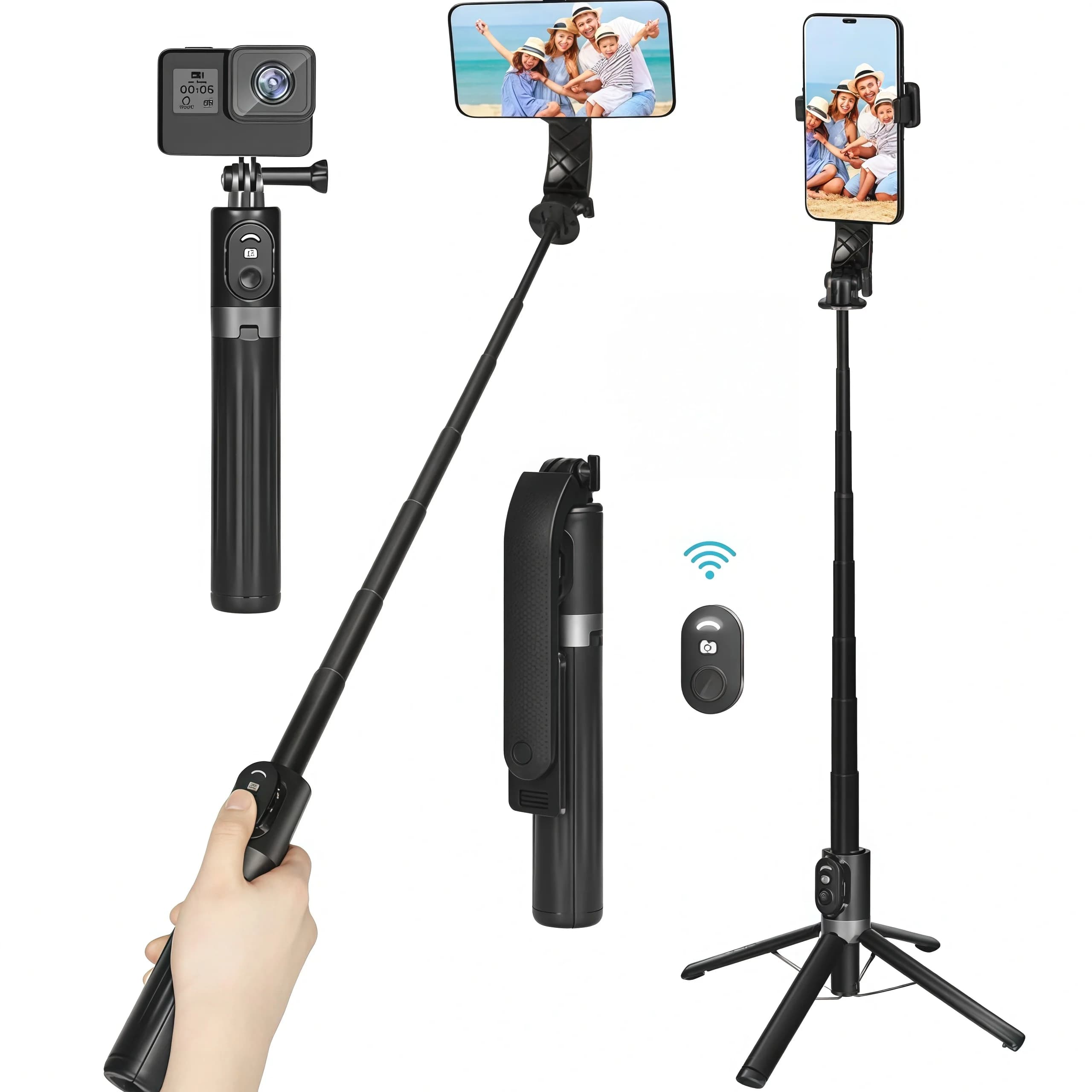 P07MAX Treppiede Bluetooth per selfie con telecomando ricaricabile, treppiede leggero da viaggio quadrupede da 140 cm per iPhone/telefoni Android