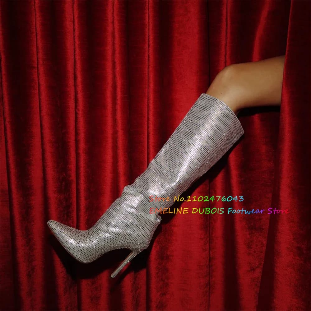 Silver Rhinestone Knee High Boot Women Sexy Pointed Toe Stiletto Heel Side Zipper Bling Bling Elegant Banquet Wedding Boot